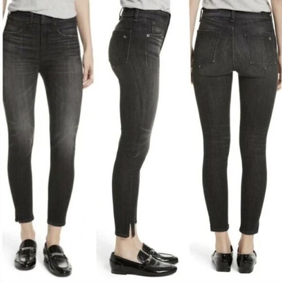Rag & Bone Black Ash Washed Out High Rise Ankle Skinny Denim Jeans Slit Hem 26 - Picture 1 of 17